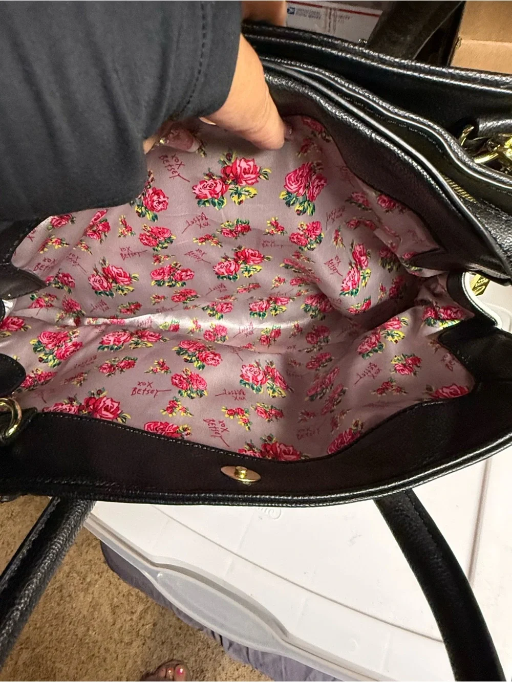 Betsy Johnson Quilted Rose-Pattern Satchel Bag in Light Pink and Black